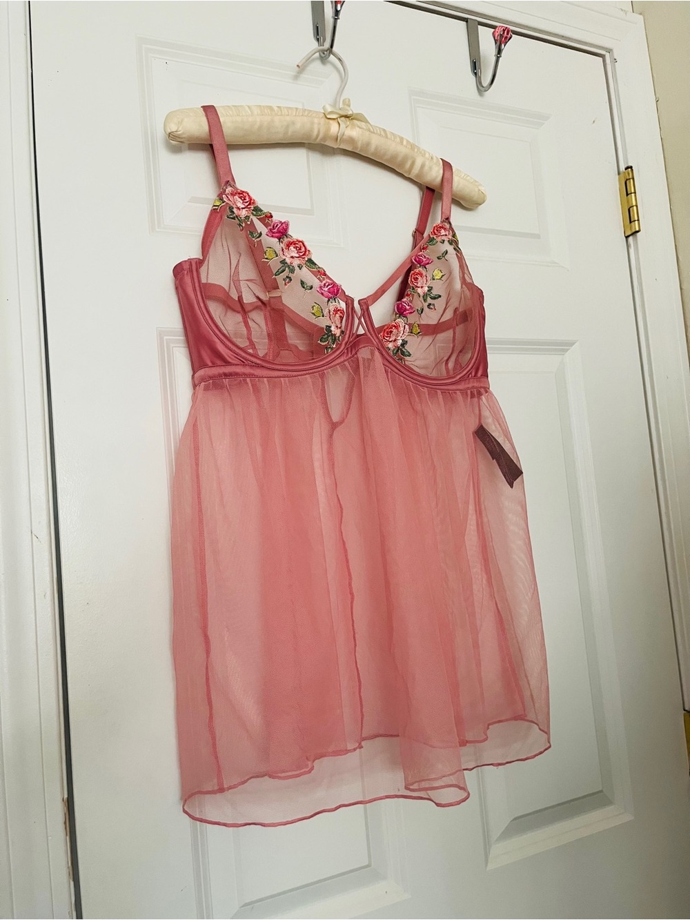Victoria's Secret Sheer Rose Pink Embroidered Mesh Babydoll Lingerie